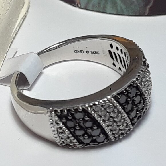 .75ctw Black & White Diamond Diagonal Striped Sterling Silver Band Ring #19913 - Picture 4 of 5